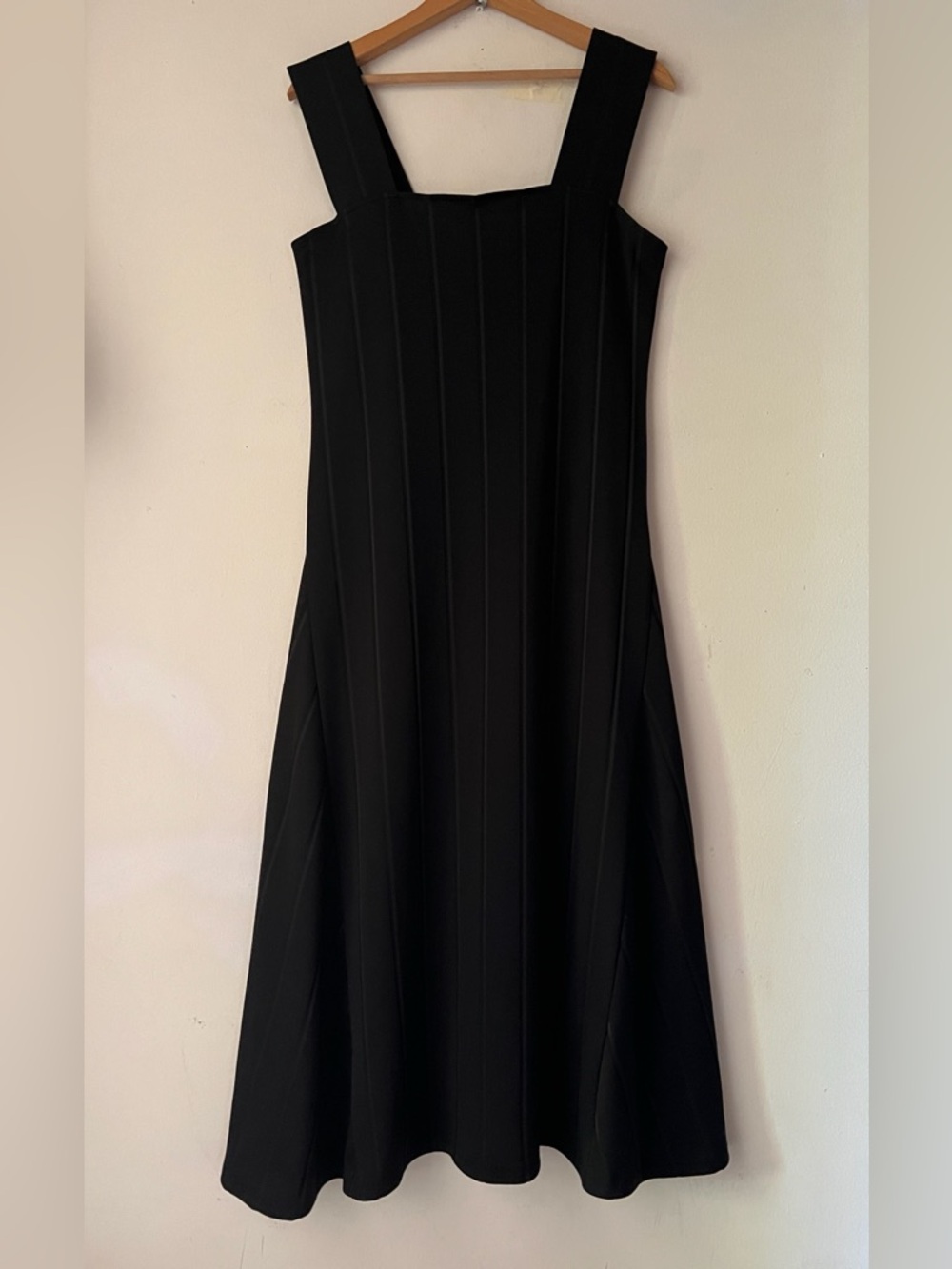Theory Paneled Black Square-Neck Flare Midi Dress with Wide Straps Sz Large - Picture 4 of 11